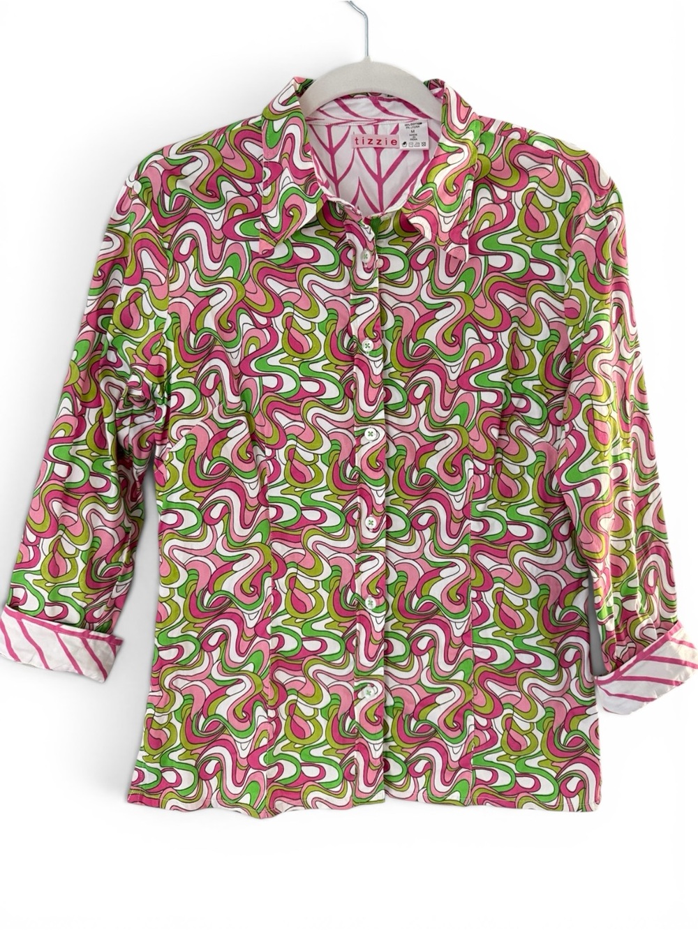 Tizzie Cotton Stretch Button Up Shirt Palm Beach Pink Green Abstract Print M